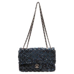 Chanel Navy Blue Sequin Quilted Classic Single Flap Bag with Silver Hardware