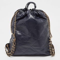 Chanel Navy Blue Shiny Quilted Leather 22 Backpack