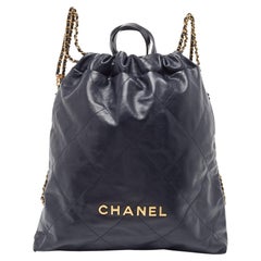 Chanel Navy Blue Shiny Quilted Leather 22 Backpack