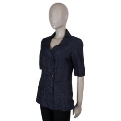CHANEL navy blue silk 14C CAMELLIA JACQUARD Jacket 40 M