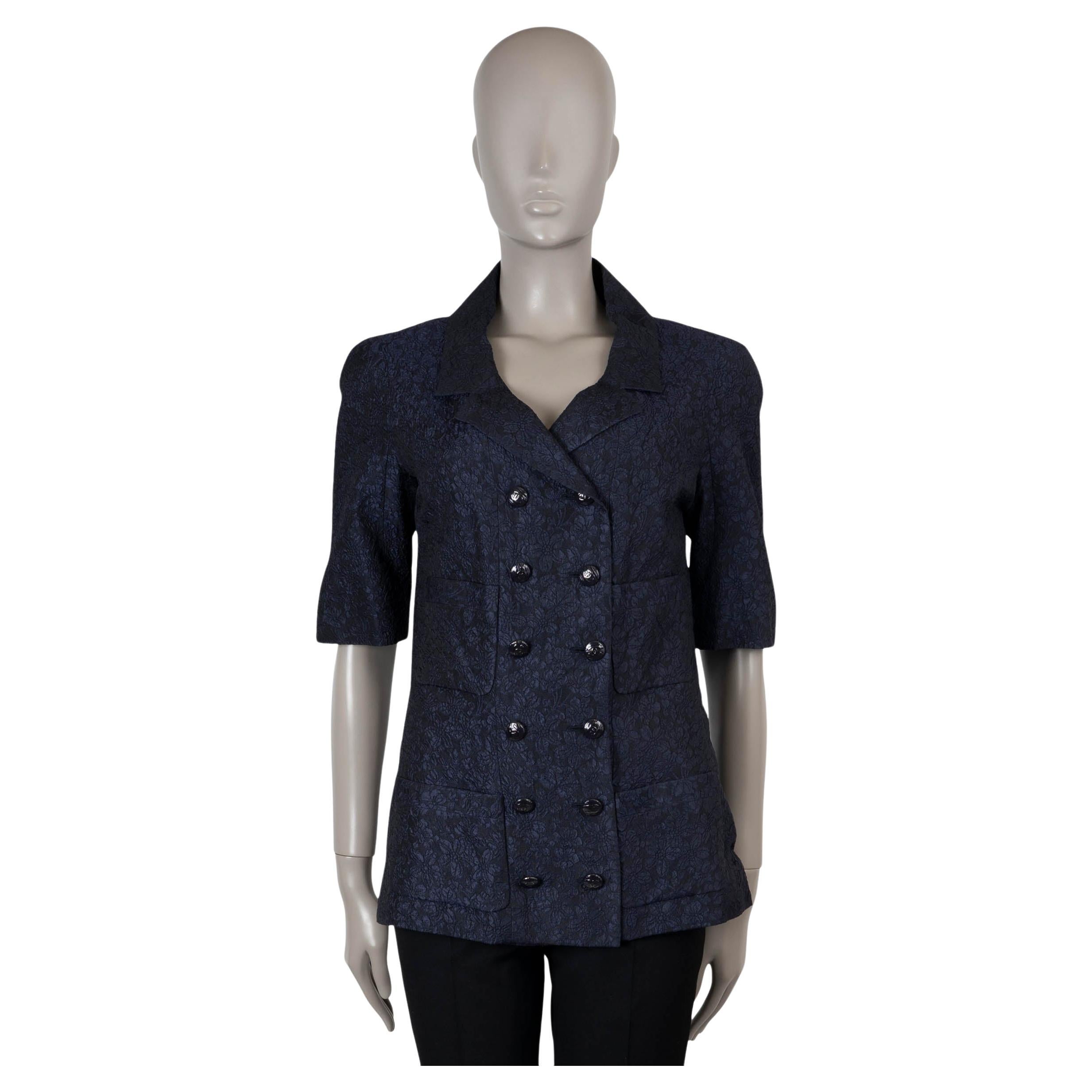 CHANEL navy blue silk 14C CAMELLIA JACQUARD Jacket 40 M