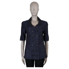 CHANEL navy blue silk 14C CAMELLIA JACQUARD Jacket 40 M