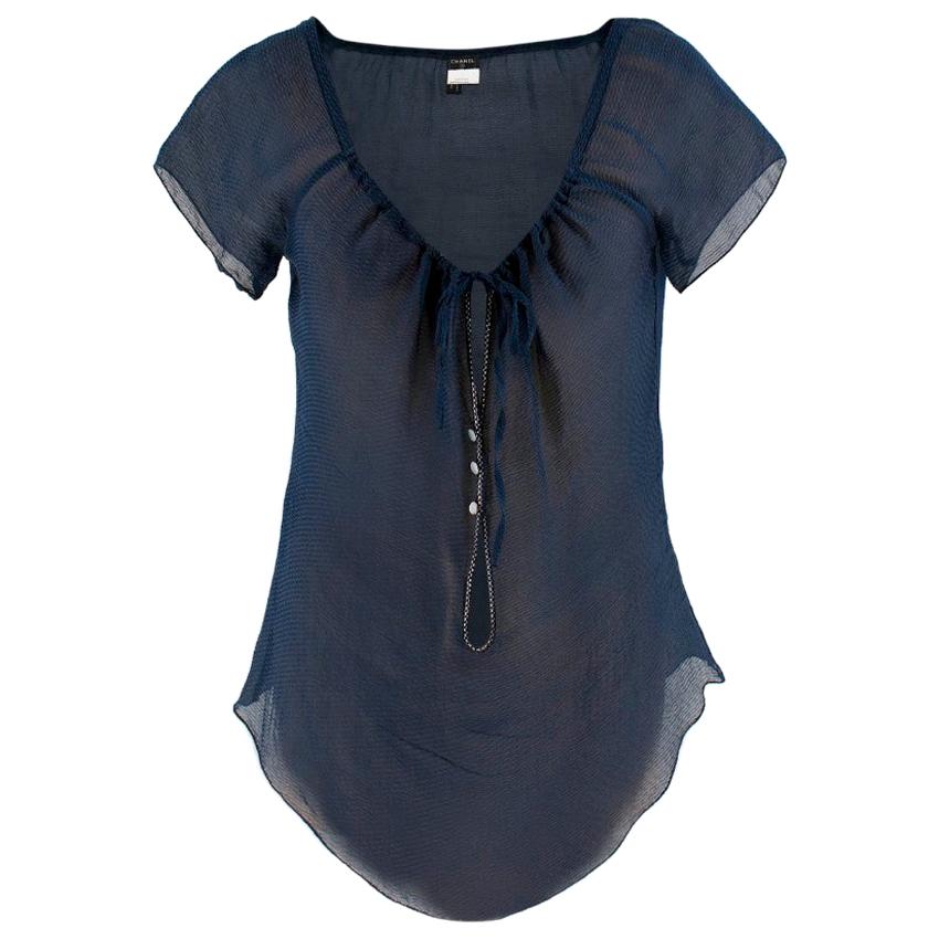 Chanel Navy Blue Silk Sheer Blouse - Size US 8 For Sale