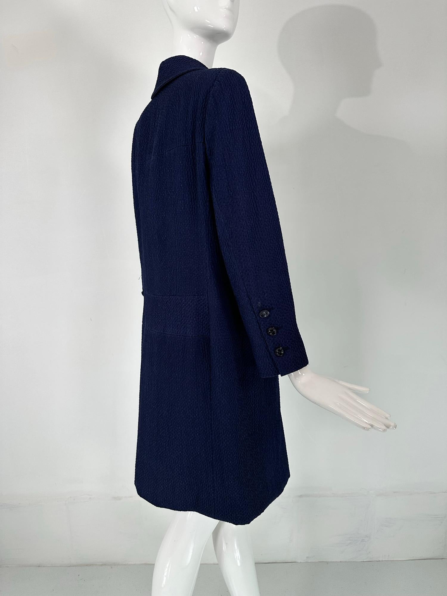 Chanel Navy Blue Single Breasted 4 Pocket Cloque Cotton Coat  For Sale 8
