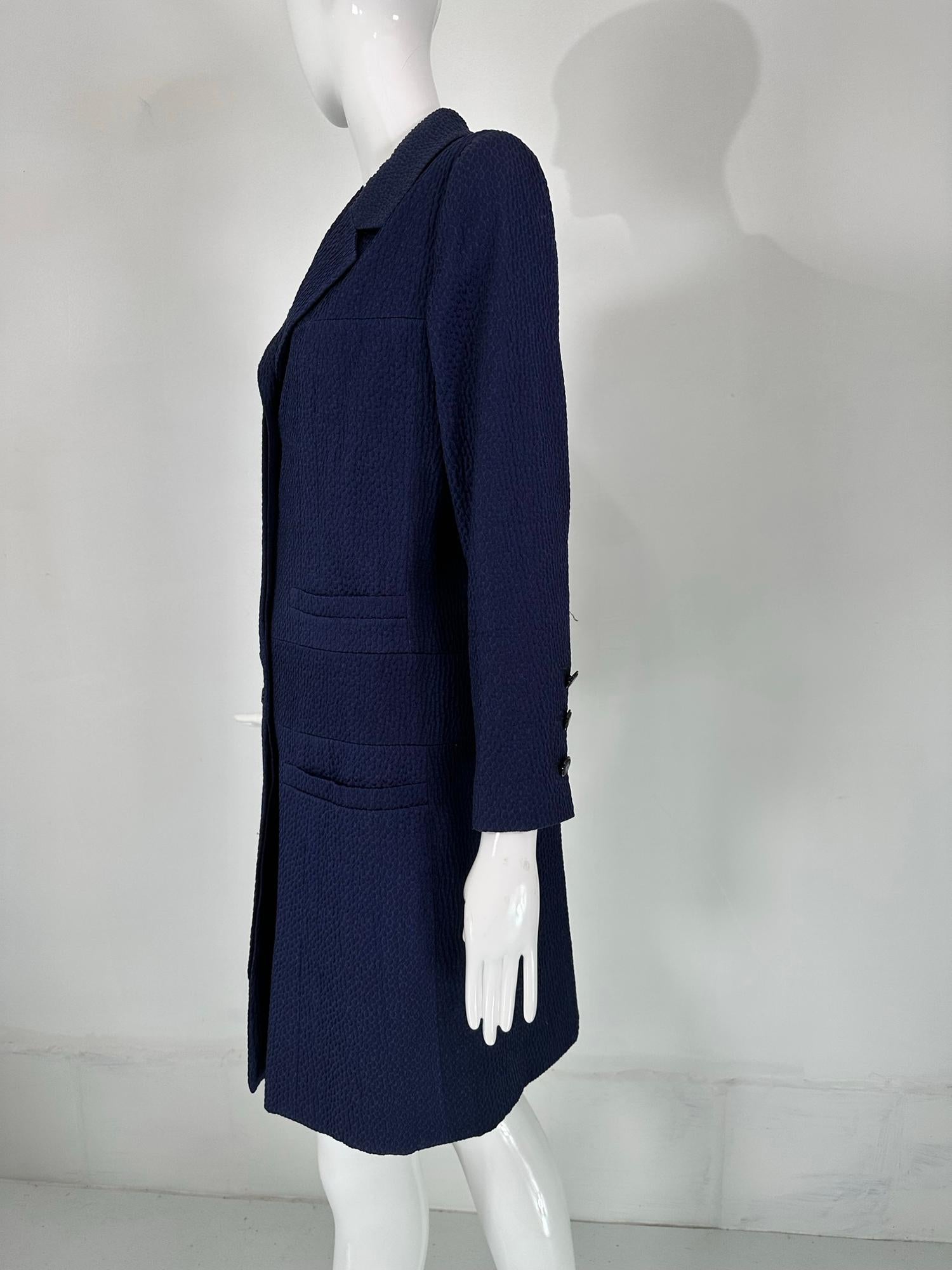 Chanel Navy Blue Single Breasted 4 Pocket Cloque Cotton Coat  In Good Condition For Sale In West Palm Beach, FL