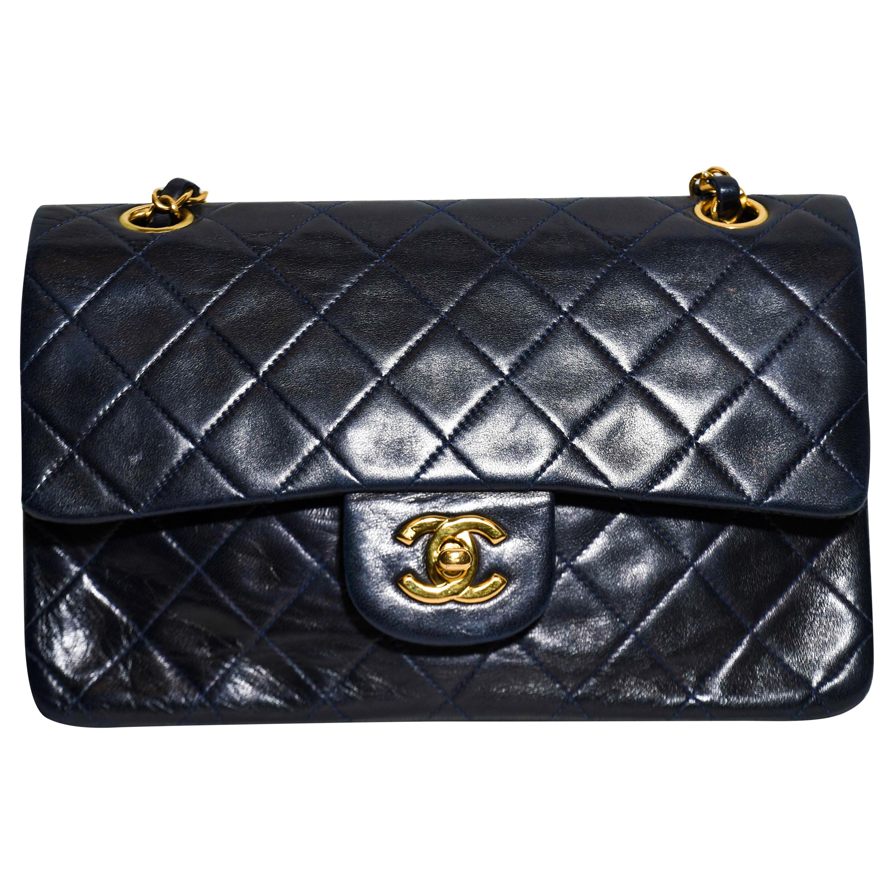Chanel Navy Blue Small Flap Bag With Gold Tone Hardware For Sale