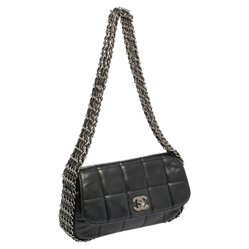 Chanel Navy Blue Square Quilted Leather Multi Chain Flap Bag In Good Condition In Dubai, Al Qouz 2