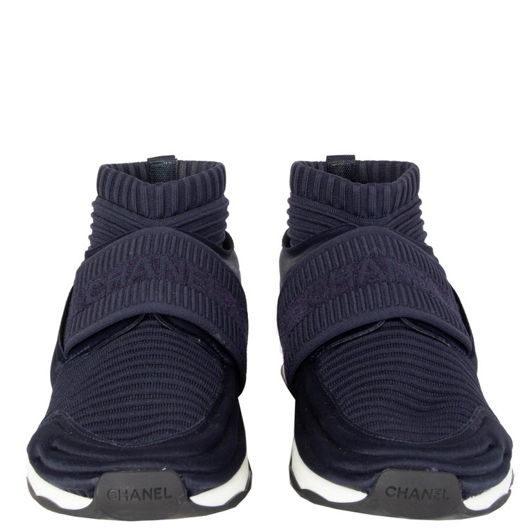 CHANEL navy blue STRETCH KNIT SOCK SPEED Sneakers Shoes 39.5 at