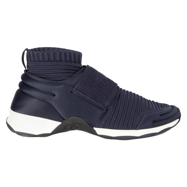 CHANEL navy blue STRETCH KNIT SOCK SPEED Sneakers Shoes 39.5 at 1stDibs