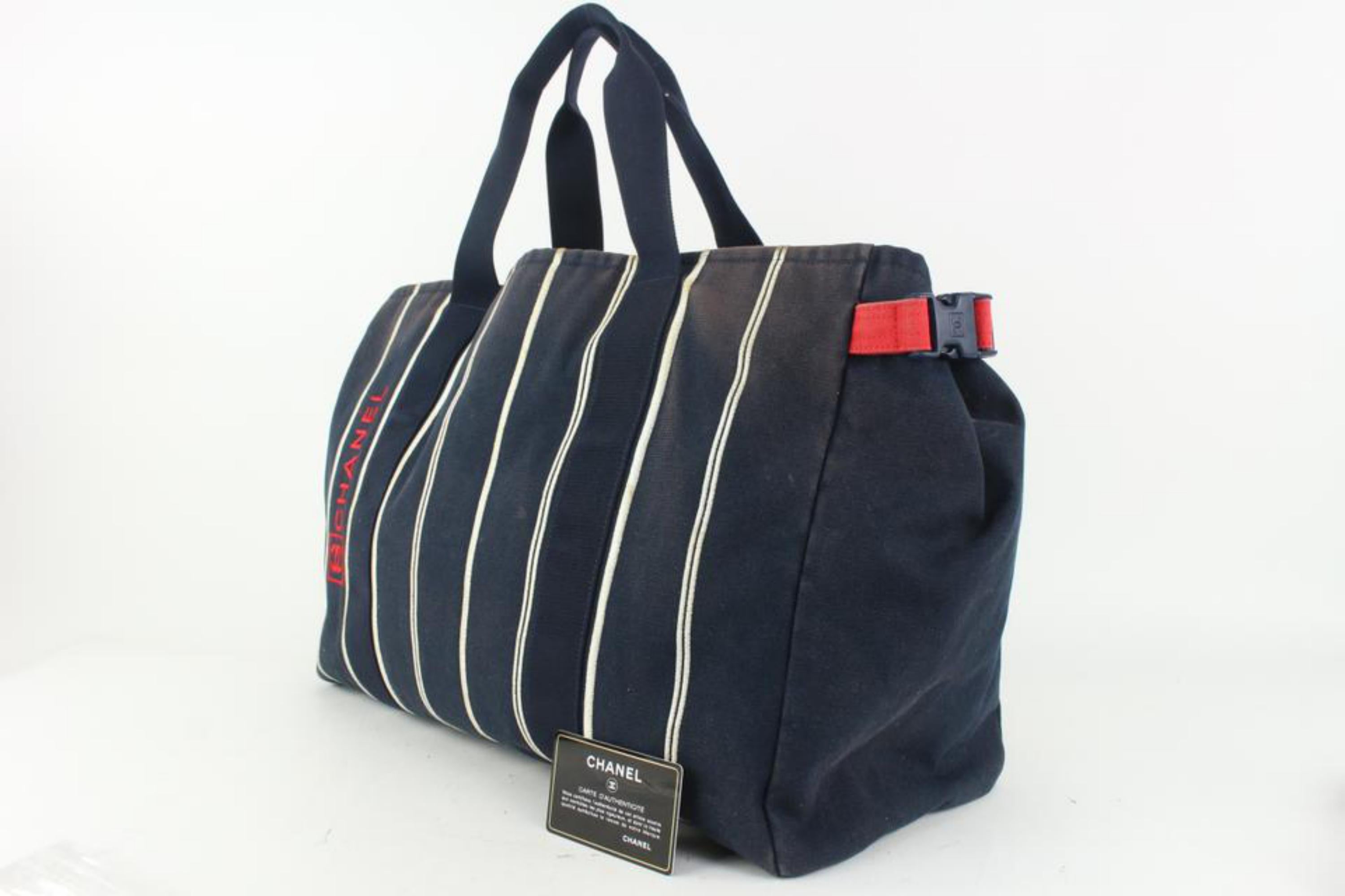 Women's Chanel Navy Blue Stripe Sports Line Duffle Tote bag 929c98 For Sale