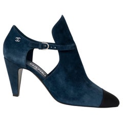 CHANEL navy blue suede 20A RUE CAMBON CUT-OUT ANKLE Boots Shoes 39.5