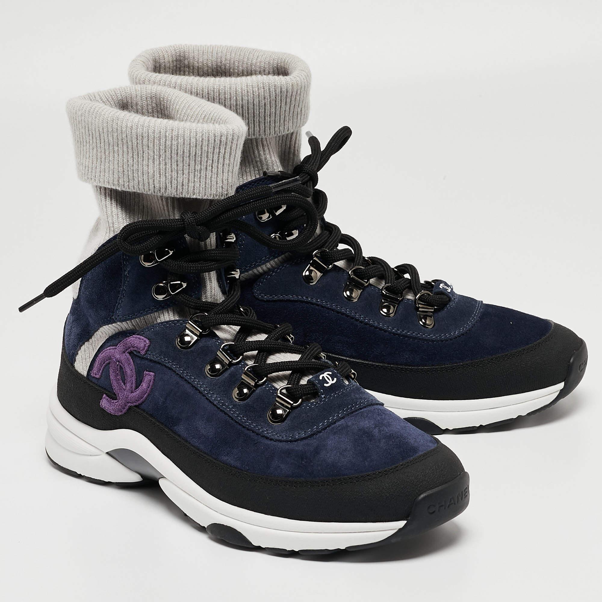 Chanel Navy Blue Suede and Leather Interlocking CC Logo Sock Sneakers Size 38 2