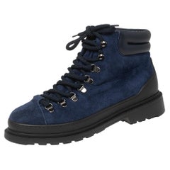 Chanel Navy Blue Suede and Leather Lace-Up Ankle Boots Size 39.5