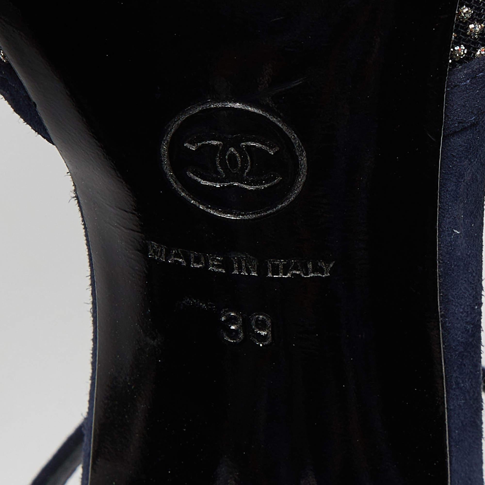 Chanel Navy Blue Suede and Mesh Embellished Ankle Strap Sandals Size 39 1