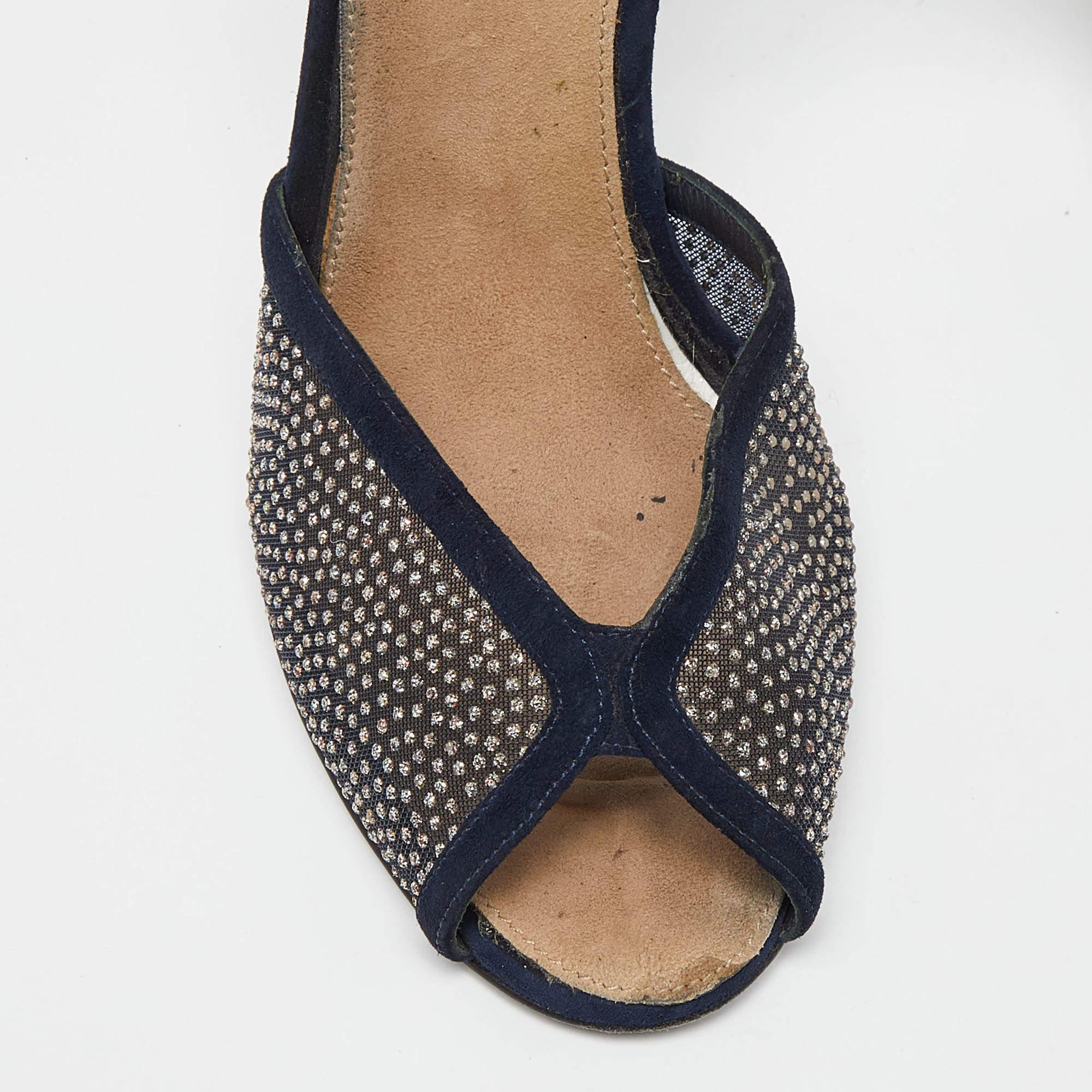 Chanel Navy Blue Suede and Mesh Embellished Ankle Strap Sandals Size 39 3