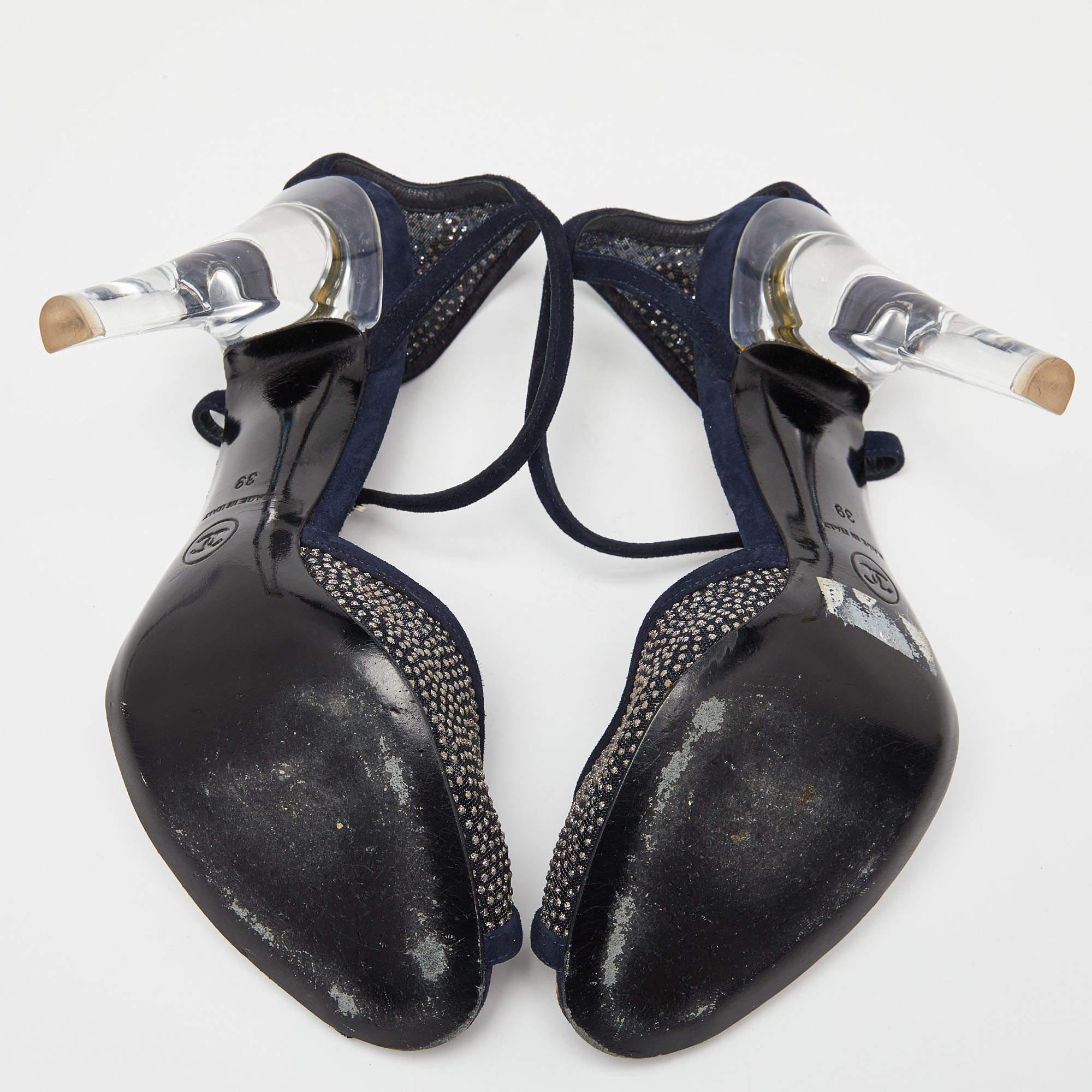 Chanel Navy Blue Suede and Mesh Embellished Ankle Strap Sandals Size 39 4