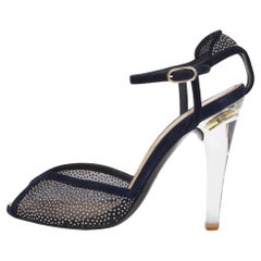 Chanel Navy Blue Suede and Mesh Embellished Ankle Strap Sandals Size 39