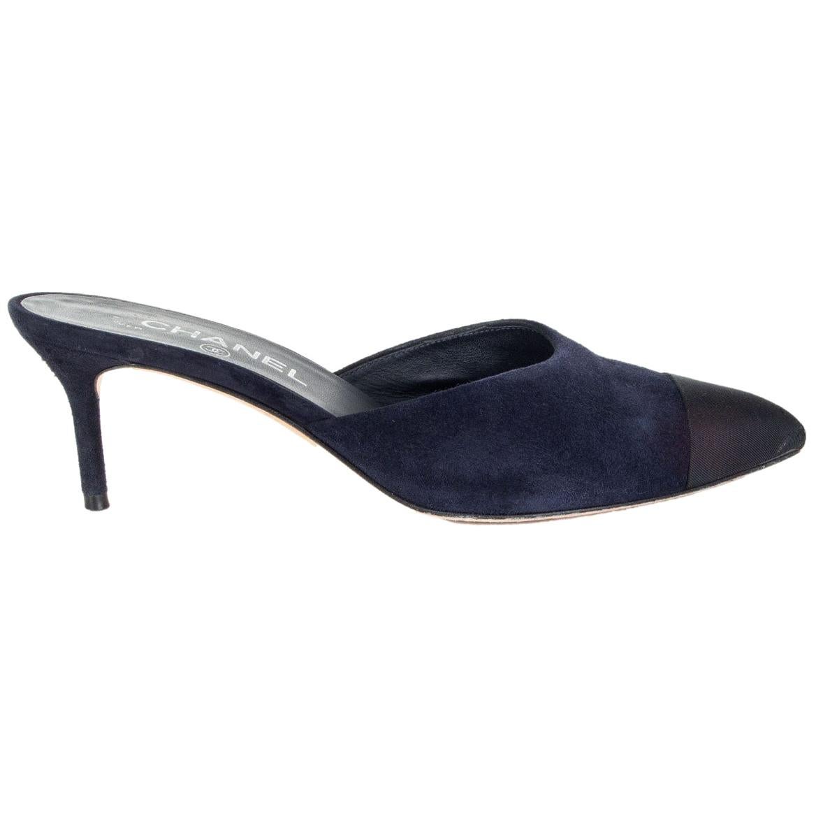 CHANEL navy blue suede and black Mules Pumps Shoes 38.5 at 1stDibs