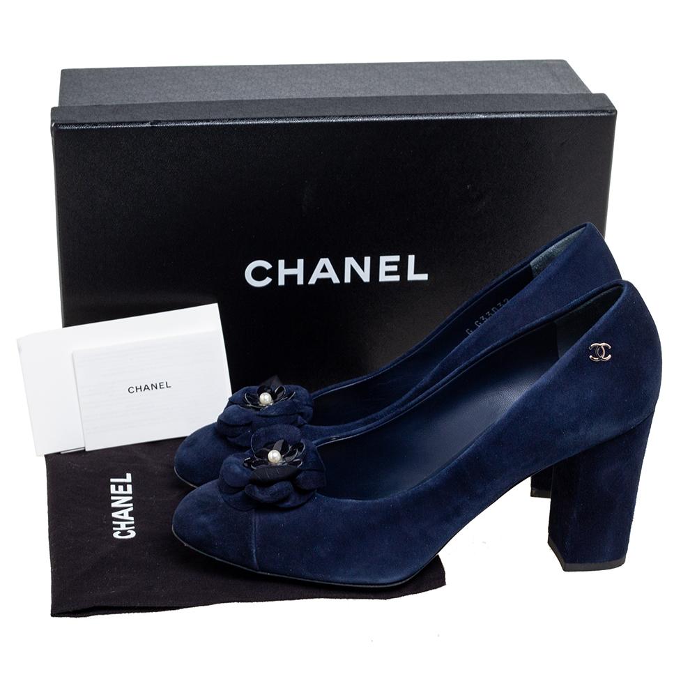 Chanel Navy Blue Suede Camellia Block Heel Pumps Size 38.5 1