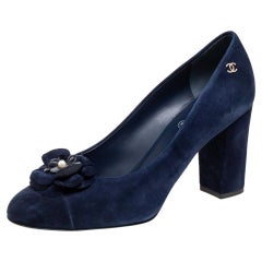 Chanel Navy Blue Suede Camellia Block Heel Pumps Size 38.5