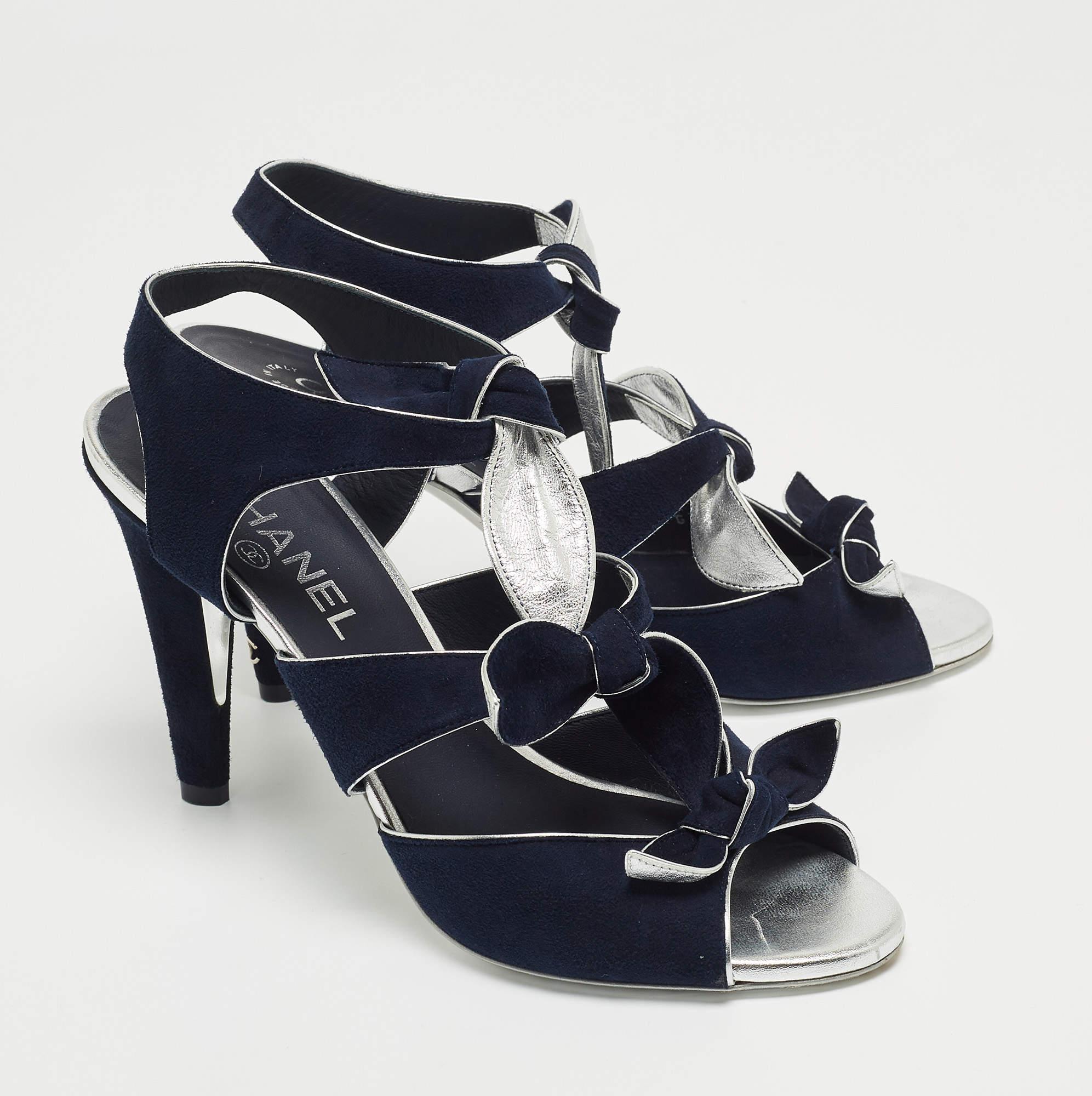 Chanel Navy Blue Suede Knotted Bow Ankle Strap Sandals Size 39 For Sale 1