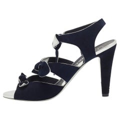 Chanel Navy Blue Suede Knotted Bow Ankle Strap Sandals Size 39