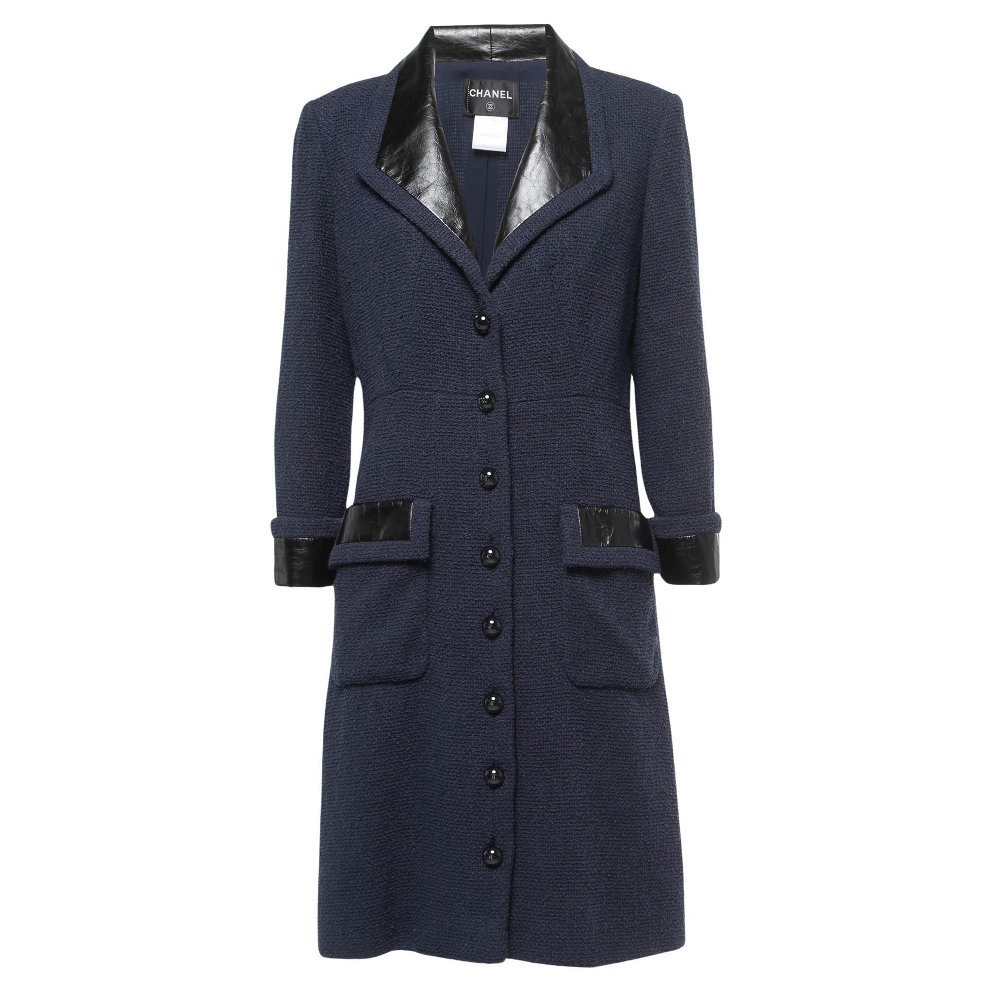 Chanel Navy Blue Terry Calfskin Trimmed Mid-Length Coat  For Sale