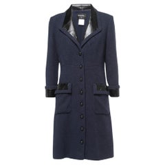 Used Chanel Navy Blue Terry Calfskin Trimmed Mid-Length Coat 