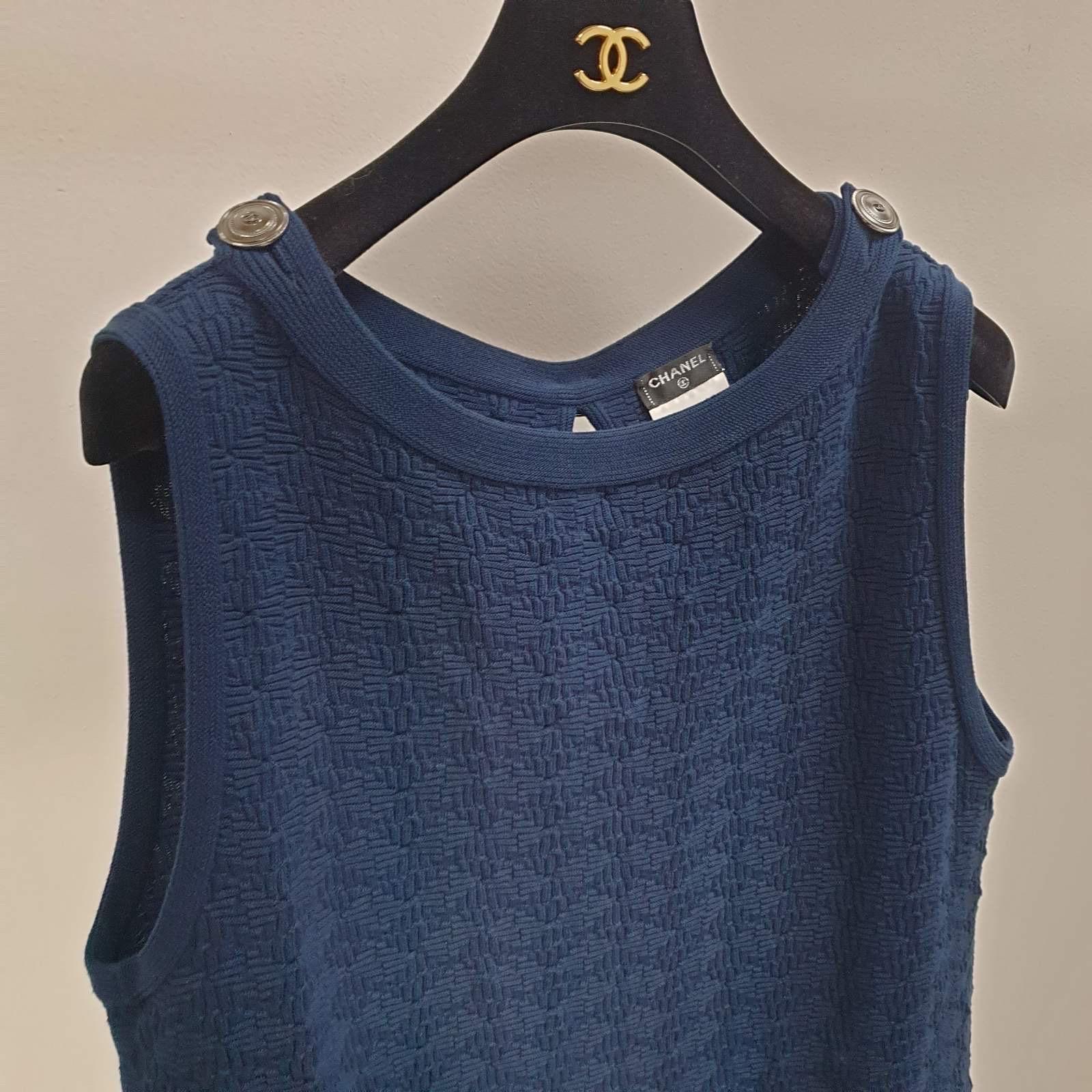 Black Chanel Navy Blue Textured Cotton Jacquard Knit Sleeveless Dres