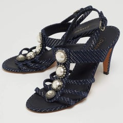 Chanel Navy Blue Textured Suede Faux Pearl Embellished Slingback Sandals Size 38
