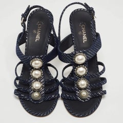 Chanel Navy Blue Textured Suede Faux Pearl Embellished Slingback Sandals Size 38
