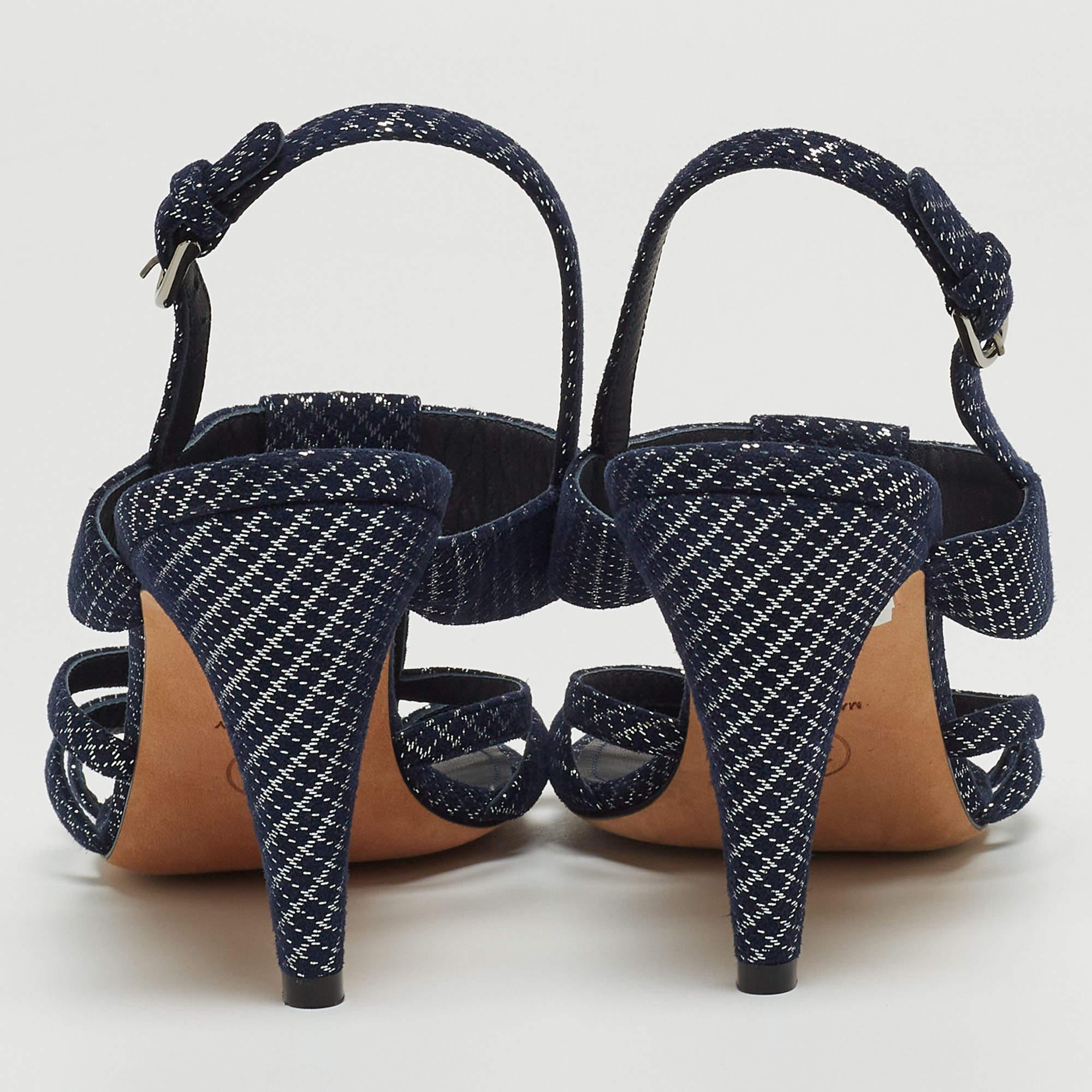 Chanel Navy Blue Textured Suede Faux Pearl Embellished Slingback Sandals Size 38 1