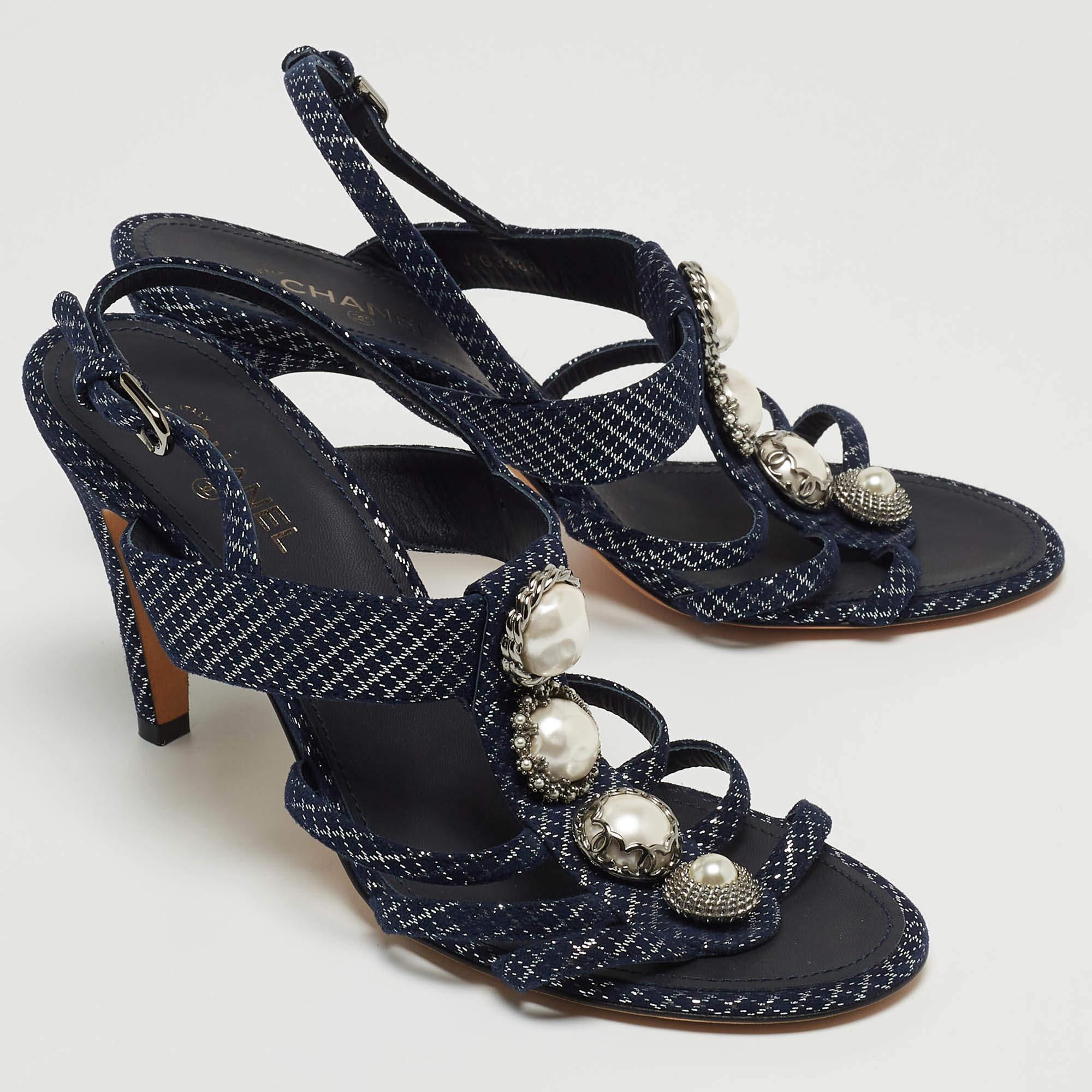Chanel Navy Blue Textured Suede Faux Pearl Embellished Slingback Sandals Size 38 3