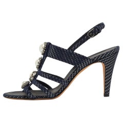 Chanel Navy Blue Textured Suede Faux Pearl Embellished Slingback Sandals Size 38