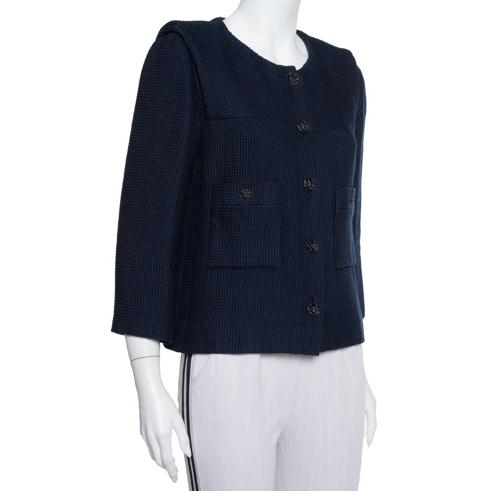Black Chanel Navy Blue Tweed Button Front Jacket L