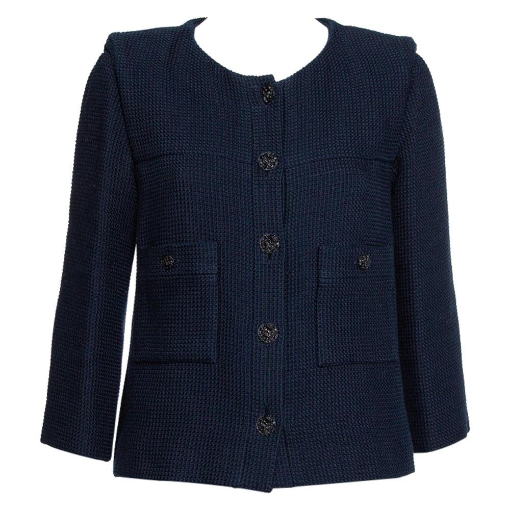 Chanel Navy Blue Tweed Button Front Jacket L