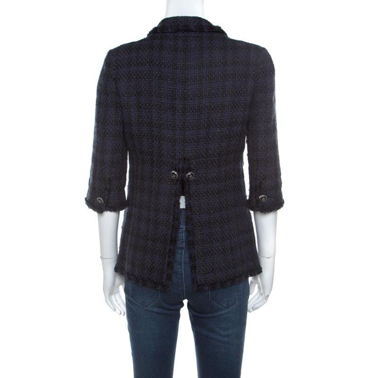 Chanel Navy Blue Tweed Contrast Boucle Trim Classic Blazer M For Sale ...