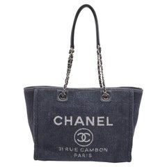 Used Chanel Navy Blue Tweed Medium Deauville Tote