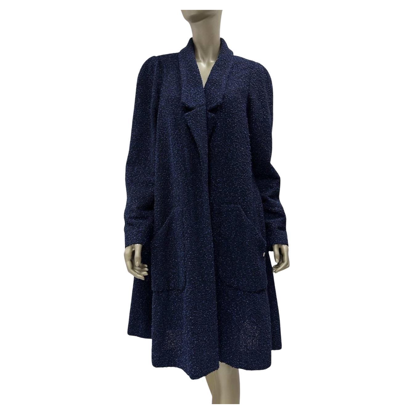 Chanel Navy Blue Tweed Mid-Length Coat - Size 50