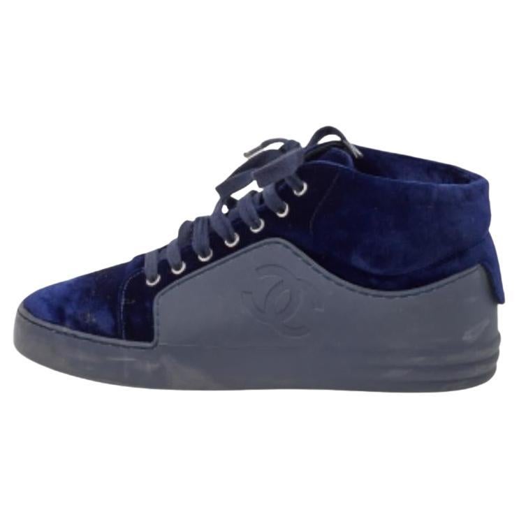 Chanel Navy Blue Velvet And Rubber CC High Top Sneakers Size 37.5