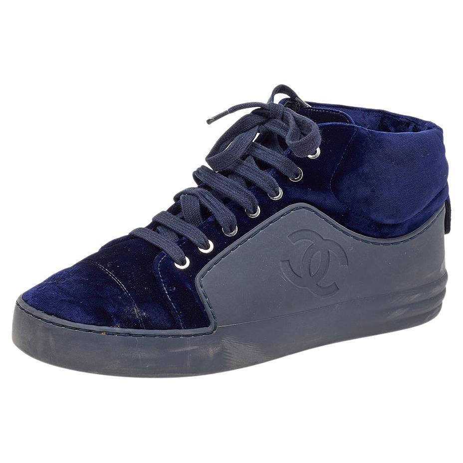 Chanel Navy Blue Velvet And Rubber CC High Top Sneakers Size 37.5 For Sale