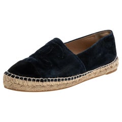 Chanel Navy Blue Velvet CC Cap Toe Espadrille Flats Size 39