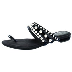 Chanel Navy Blue Velvet Faux Pearl Embellished Flat Strappy Slides Size 38.5