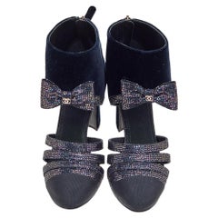 Chanel Navy Blue Velvet, Glitter, and Fabric CC Bow Booties Size 39
