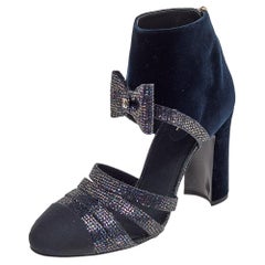 Used Chanel Navy Blue Velvet, Glitter, and Fabric CC Bow Booties Size 39