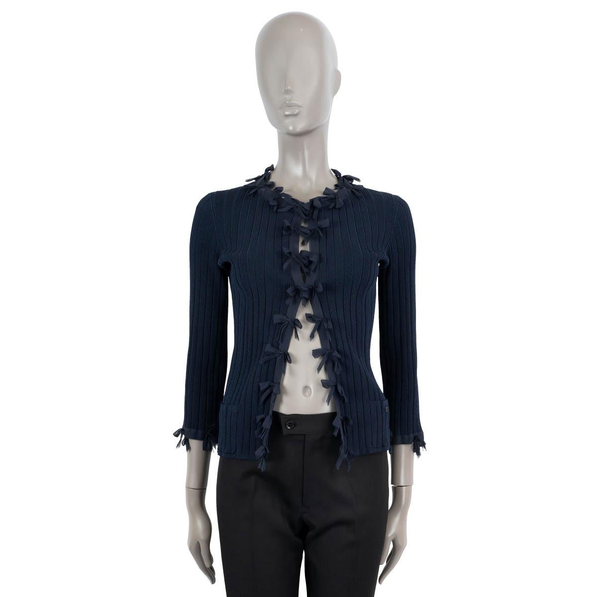 Black CHANEL navy blue viscose 2006 06P BOW RIB-KNIT Cardigan Sweater 38 S For Sale