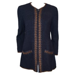 Vintage Chanel Navy Blue W/ Brown Trim Neckline, Front Opening & Hem '97 Fall Season