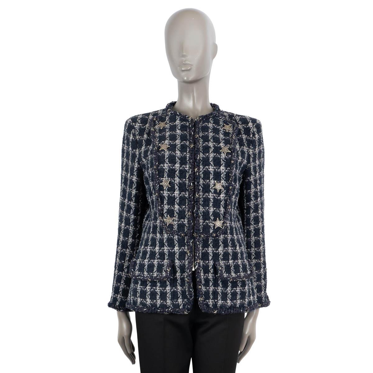 Black CHANEL navy blue & white cotton 2014 14A DALLAS ZIP-FRONT TWEED Jacket 42 L For Sale