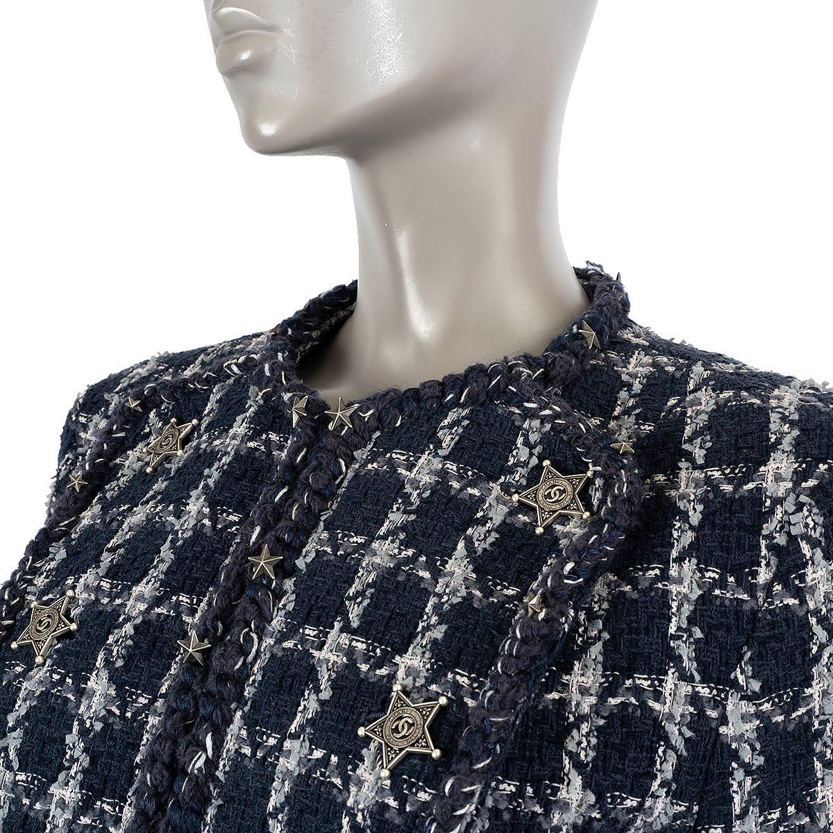 CHANEL navy blue & white cotton 2014 14A DALLAS ZIP-FRONT TWEED Jacket 42 L For Sale 2
