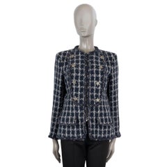 CHANEL navy blue & white cotton 2014 14A DALLAS ZIP-FRONT TWEED Jacket 42 L